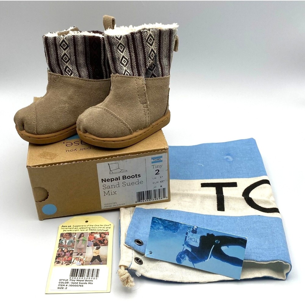 Toms Tiny 2 Sand Suede Faux Fur Nepal Boots Shoes Baby Infant Toddler 2 NEW